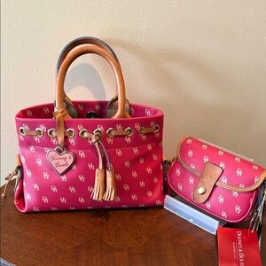 Dooney & Bourke Satchel & wristlet pouch  red/cream monogram print /tan leather